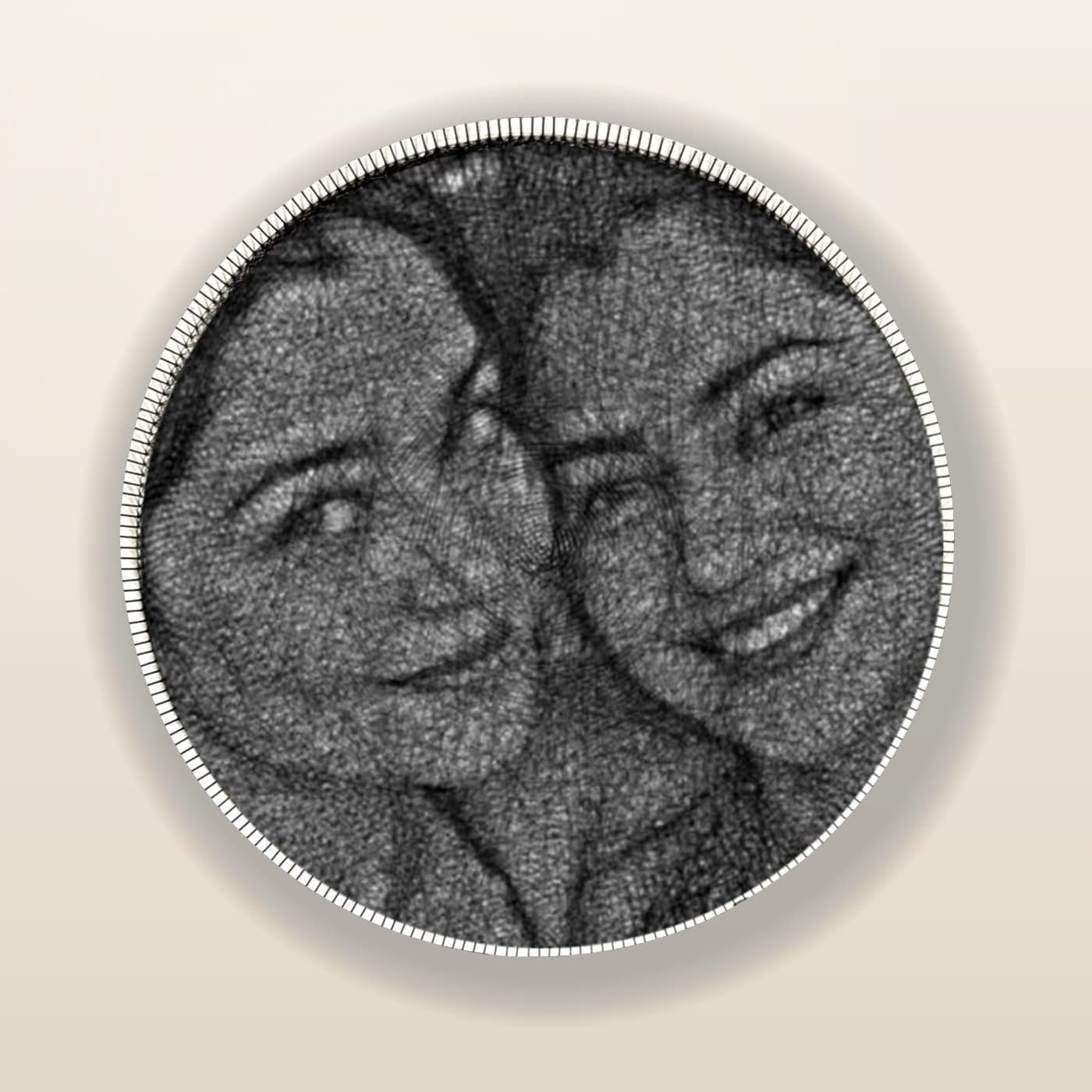 A string-art portrait of two friends cheek to cheek, threaded by hand