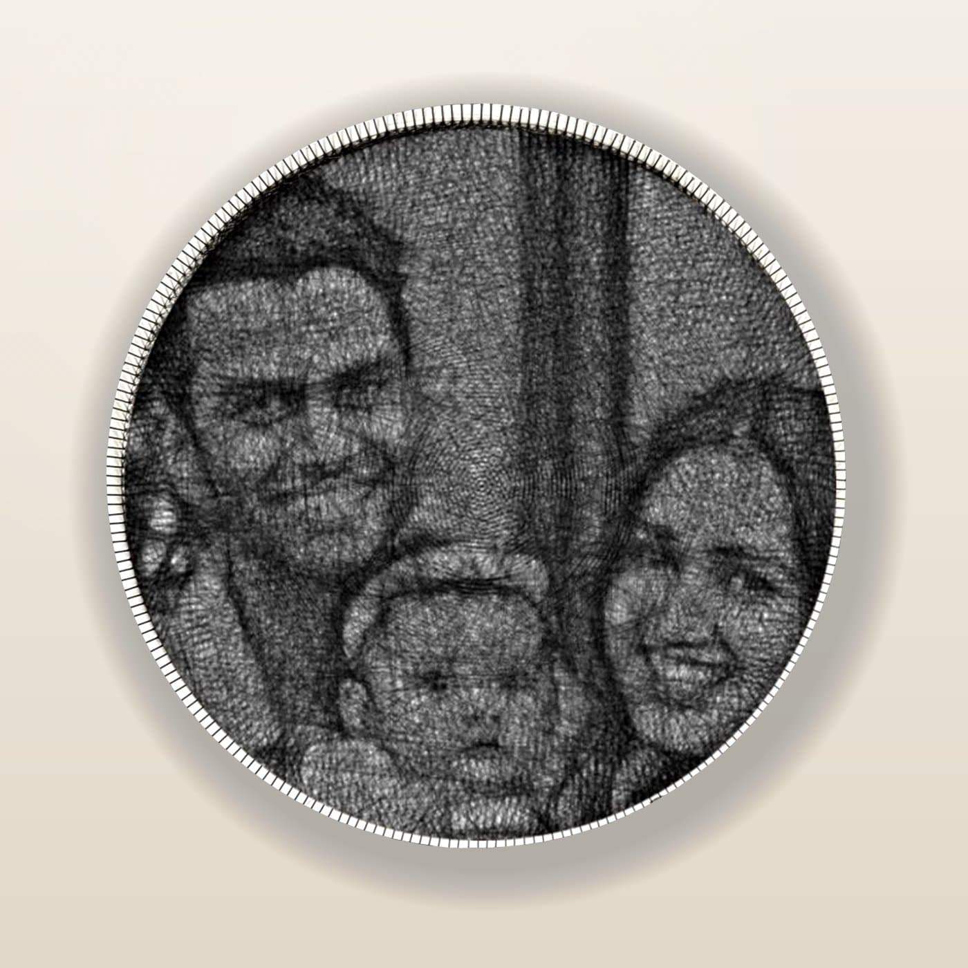 A string-art family portrait of parents with their baby, threaded by hand